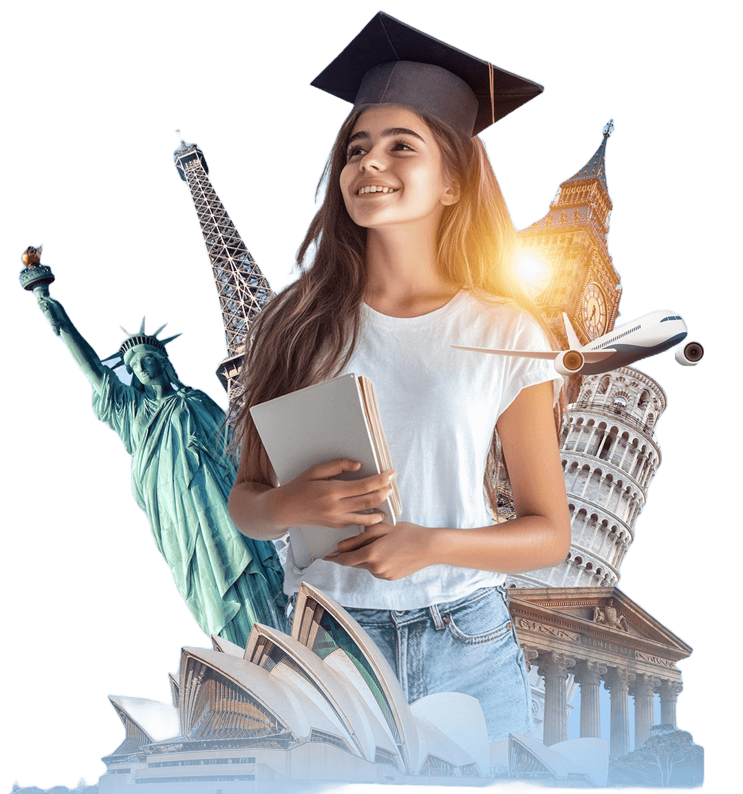 Student with graduation cap and international landmarks
